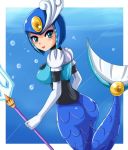  blush capcom elbow_gloves gloves green_eyes helmet mega_man_9 mermaid monster_girl polearm rockman rockman_(classic) rockman_9 sigurdhosenfeld splash_woman trident underwater weapon 