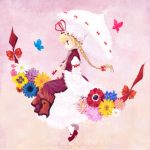  alternate_hairstyle anemone_(flower) blonde_hair braid camellia_(flower) flower gap hat long_hair mashiko_hiromi pansy red_eyes solo touhou umbrella yakumo_yukari 