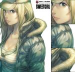  breasts casual cleavage face green_eyes hat jewelry krenz long_hair necklace original 