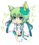  :&lt; animal_ears blue_eyes blush cat_ears cat_tail chibi daive detached_sleeves frog green_hair hair_ornament kemonomimi_mode kochiya_sanae open_mouth simple_background snake solo tail touhou 