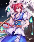 akito bob_cut breasts bridge cherry_blossoms cleavage coin dress hair_bobbles hair_ornament highres lipstick onozuka_komachi petals pink_eyes pink_lipstick red_hair redhead river scythe short_hair short_twintails skirt smile solo standing touhou tree twintails 
