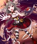  1girl bandages black_wings blush breasts dress drill_hair gloves hair_ribbon heart highres idolmaster idolmaster_cinderella_girls kanzaki_ranko komore long_hair mini_crown open_mouth red_eyes ribbon scythe silver_hair single_glove solo thigh-highs twin_drills two_side_up white_gloves wings 