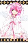  angel frilly long_hair pink_hair smile winking yellow_eyes 