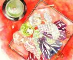  akitomo bad_id food hakama hutakuri in_food japanese_clothes lying minigirl multiple_girls original personification petals traditional_media watercolor watercolor_(medium) yagasuri 