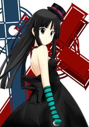  1girl akiyama_mio bangs black_hair blue_eyes blunt_bangs don&#039;t_say_&quot;lazy&quot; don&#039;t_say_lazy dress elbow_gloves face_paint facepaint fingerless_gloves gloves hat hime_cut k-on! long_hair mini_top_hat nejimaki solo top_hat 