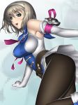 ass bare_shoulders black_pantyhose blonde_hair bob_cut breasts cassandra_alexandra erect_nipples gloves hairband impossible_shirt jumping kansuke open_mouth pantyhose shoulder_pads solo soul_calibur soul_calibur_iv soulcalibur thick_thighs 