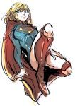  1girl blonde_hair blue_eyes cape dc_comics flying kryptonian leotard long_sleeves red_shoes shoes simple_background solo supergirl superman_(series) 