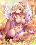  1girl bare_shoulders between_breasts blonde_hair bracelet branch breasts cleavage closed_mouth female flower hat hinariaoba jewelry long_hair midriff navel one_eye_closed original sitting smile solo sunbeam violet_eyes wings wink 