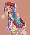  1girl blue_eyes cammy_white cosplay dark_skin pointy_ears purple_hair shantae shantae_(character) simple_background solo street_fighter sweat 