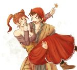  1boy 1girl bandanna brown_hair carrying couple dragon_quest dragon_quest_viii gradient gradient_background happy hero_(dq8) jessica_albert morisaki_kiriko princess_carry twintails whip 