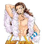  1boy feather_boa hand_on_hip long_hair male_focus one_piece ponytail simple_background smile solo topless usopp 