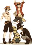  3boys belt boots brothers cravat crossover cyclops freckles goggles hat jacket jewelry male_focus minions monkey_d_luffy multiple_boys necklace one-eyed one_piece open_clothes open_shirt overalls portgas_d_ace sabo_(one_piece) sash scar shirt shorts siblings simple_background smile stampede_string straw_hat thigh_strap top_hat topless 