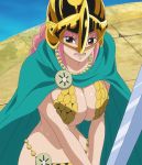  1girl armor bikini_armor breasts cape cleavage dressrosa female gladiator helmet large_breasts long_hair one_piece pink_hair rebecca_(one_piece) screencap solo standing stitched sweat sword 
