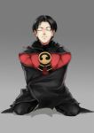  1boy batman_(series) cape closed_eyes dc_comics gradient gradient_background kneeling male_focus red_robin solo tim_drake 