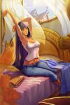  1girl book breasts closed_eyes hip_tattoo long_hair midriff multicolored_hair my_little_pony my_little_pony_friendship_is_magic navel pants personification pink_hair purple_hair sitting solo streaked_hair tattoo twilight_sparkle violet_eyes 