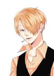  1boy blonde_hair blue_eyes cigarette frown hair_over_one_eye male_focus one_piece sanji simple_background smoking solo waistcoat 