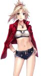  1girl applekun bangs belt black_belt blonde_hair breasts denim denim_shorts fate/grand_order fate_(series) hands_on_hips highres jacket jacket_on_shoulders jewelry looking_at_viewer mordred_(fate)_(all) necklace parted_bangs ponytail short_shorts shorts small_breasts smile solo strapless tied_hair tubetop v-shaped_eyebrows white_background 