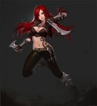  1girl belt breasts brown_gloves cleavage closed_mouth dagger facial_mark female fingerless_gloves gloves gradient gradient_background green_eyes holding holding_weapon jewelry katarina_du_couteau league_of_legends long_hair midriff navel necklace phonic redhead solo sword tattoo weapon 