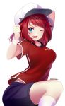  1girl ;d arm_behind_head artist_name baseball_cap blue_eyes blush chiiririn clenched_hand fang female hair_ornament hairclip happy hat highres leg_up looking_at_viewer one_eye_closed open_mouth original red_shirt redhead shirt short short_hair short_sleeves shorts simple_background smile socks solo t-shirt white_background white_legwear wink 