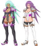  2girls blue_hair breasts character_request character_sheet collar dark_skin female full_body green_hair large_breasts legs leotard long_hair multiple_girls red_eyes simple_background white_background 