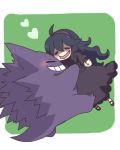  10s 1girl ahoge blush closed_eyes dress gengar ghost heart hex_maniac_(pokemon) hug npc_trainer pokemon pokemon_(game) pokemon_xy purple_hair simple_background smile very_long_hair 