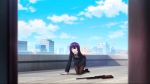  1girl animated animated_gif blue_eyes business_suit cyclops gun manako monster_girl monster_musume_no_iru_nichijou one-eyed purple_hair rifle short_hair sky solo weapon 