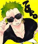  1boy black_shirt character_name earrings green_hair hand_on_hip jewelry male_focus one_piece roronoa_zoro shirt simple_background solo sunglasses v-neck 
