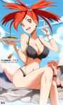  00s 10s 1girl :d asuna_(pokemon) bath bikini breasts cleavage erect_nipples female gym_leader large_breasts long_hair looking_at_viewer open_mouth pointing pokemon pokemon_(game) pokemon_oras pokemon_rse red_eyes redhead senbei sitting sky smile solo swimsuit torkoal vivivoovoo wide_hips 