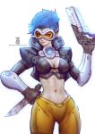  1girl blue_hair breasts cleavage erect_nipples navel overwatch paul_kwon red_eyes short_hair simple_background smile solo standing tagme tracer_(overwatch) 
