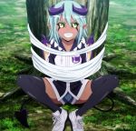  1girl dark_skin highres lilith_(monster_musume) monster_girl monster_musume_no_iru_nichijou shorts sitting smile solo spider_web stitched tied_up 