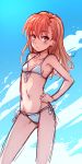  1girl bikini blush breasts brown_eyes brown_hair hand_on_hip long_hair looking_at_viewer misaka_mikoto puma_(hyuma1219) sideboob sky small_breasts solo standing swimsuit to_aru_kagaku_no_railgun to_aru_majutsu_no_index 