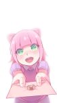  1girl animal_ears annie_hastur blush female green_eyes happy league_of_legends looking_at_viewer open_mouth pink_hair pink_shirt shirt short_hair short_sleeves simple_background solo white_background zhainan_s-jun 