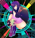  1girl cyborg female ghost_in_the_shell ghost_in_the_shell_stand_alone_complex jacket kusanagi_motoko looking_at_viewer purple_hair short_hair smile solo 