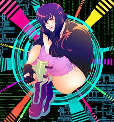  1girl cyborg female ghost_in_the_shell ghost_in_the_shell_stand_alone_complex jacket kusanagi_motoko looking_at_viewer purple_hair short_hair smile solo 