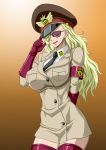  1girl armband blonde_hair breasts cap domino_(one_piece) female gloves gradient gradient_background hair_over_one_eye hat highres large_breasts legs long_hair necktie nel-zel_formula one_piece open_mouth peaked_cap simple_background smile solo standing sunglasses thigh_boots thighs uniform 
