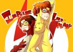  2boys back-to-back bart_allen bodysuit brown_hair character_name dc_comics family flash_(series) gloves goggles green_eyes impulse kid_flash male_focus multiple_boys redhead simple_background wally_west yellow_eyes young_justice:_invasion 