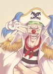  1boy blue_hair buggy_the_clown detached_limb dismembered hat male_focus one_piece simple_background solo 