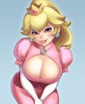  1girl bent_over blonde_hair blue_eyes breasts cleavage cleavage_cutout crown dress earrings elbow_gloves eyelashes eyeliner eyeshadow female gloves gradient gradient_background jewelry large_breasts leaning_forward lips looking_at_viewer makeup maou_alba mini_crown parted_lips pink_dress princess_peach puffy_sleeves simple_background smile solo super_mario_bros. v_arms white_gloves 