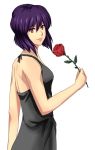  1girl bare_shoulders breasts female flower ghost_in_the_shell kusanagi_motoko looking_at_viewer no_bra purple_hair rose short_hair simple_background smile solo 