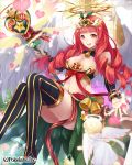  1girl bare_shoulders bell bow bracelet breasts cleavage female hair_ornament halo heart hinariaoba holding holding_weapon jewelry long_hair looking_at_viewer midriff navel open_mouth orange_eyes original red_bow redhead smile solo staff thigh-highs weapon wings 