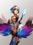  1girl armor blue_eyes butterfly crown detached_sleeves dress gradient gradient_background greaves gwendolyn odin_sphere polearm pteruges short_hair solo spear strapless_dress thigh-highs valkyrie weapon white_hair wings 