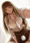  1girl artist_request brown_eyes brown_hair from_below gradient gradient_background long_hair looking_at_viewer looking_down open_clothes open_shirt pov saliva shirt skirt solo source_request spitting 