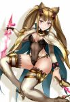  1girl animal_ears blonde_hair blush breasts cape cat_ears female frilled_thighhighs granblue_fantasy grey_eyes high_heels holding holding_weapon jilllxlxl long_hair long_sleeves looking_at_viewer magic metella_(granblue_fantasy) midriff navel see-through simple_background smile solo thigh-highs twintails weapon white_background white_legwear 