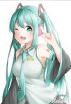  1girl aqua_eyes aqua_hair artist_name bare_shoulders blush chiiririn detached_sleeves female frills hair_ornament hatsune_miku headphones long_hair looking_at_viewer microphone necktie open_mouth simple_background solo tattoo twintails vocaloid white_background wink 