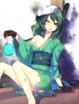  1girl arm_support barefoot black_gloves female gloves gradient gradient_background hat japanese_clothes kantai_collection kimono kiso_(kantai_collection) looking_at_viewer nyori obi open_mouth sash sitting solo torn_clothes traditional_clothes yukata 