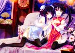  2girls bare_shoulders bed bed_sheet black_hair breasts china_dress chinese_clothes clock clock_eyes date_a_live dress dual_persona fan feet flower gururu hair_over_one_eye hairband hand_holding lantern legs long_hair looking_at_viewer miniskirt multiple_girls no_shoes on_bed open_mouth paper_fan pillow red_eyes ribbon sitting skirt small_breasts smile symbol-shaped_pupils thigh-highs thighs tokisaki_kurumi twintails very_long_hair wariza 
