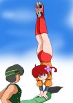  1boy 1girl ass blue_eyes braid flower genderswap gradient gradient_background hair_flower hair_ornament handstand hibiki_ryouga ice_skates kicking leotard ranma-chan ranma_1/2 redhead rio_(mintboo) saotome_ranma single_braid skates sky upside-down 