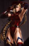  1girl adjusting_clothes adjusting_hat alternate_costume armpits arms_up belt blonde_hair cammy_white gradient gradient_background hat hat_over_one_eye highleg highleg_leotard leotard lixin_wang looking_at_viewer scar shoulder_pads solo street_fighter tattoo twin_braids 
