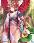  1girl animal_ears bare_shoulders blue_eyes breasts brown_hair cat_ears cat_tail cleavage collarbone female flower frilled_sleeves frills hair_flower hair_ornament hair_stick hinariaoba japanese_clothes kimono obi open_mouth original sash short_hair smile snail tail traditional_clothes umbrella yukata 