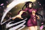  1girl absurdres black_eyes black_hair box breasts cleavage curvy dress erect_nipples female highres kazehana large_breasts legs lipstick long_hair looking_at_viewer makeup navel petals ponytail red_lipstick sekirei smile solo standing thighs wind 